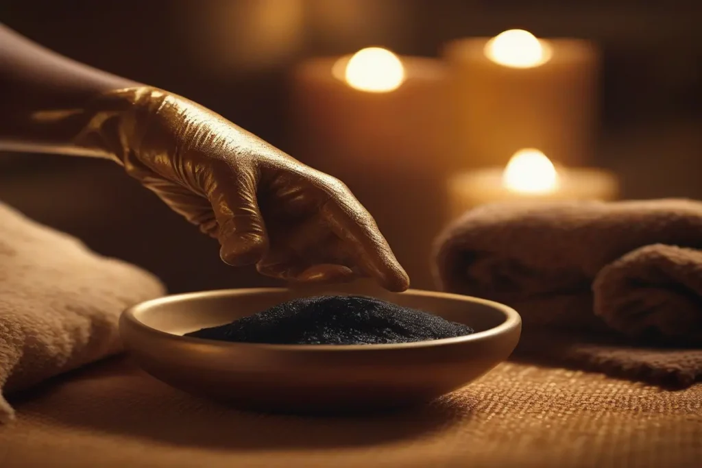 Gommage marocain traditionnel, savon noir et gant kess sur peau, vapeur légère, lumière chaude, ambiance spa authentique, gros plan artistique, pas de visage, haute définition