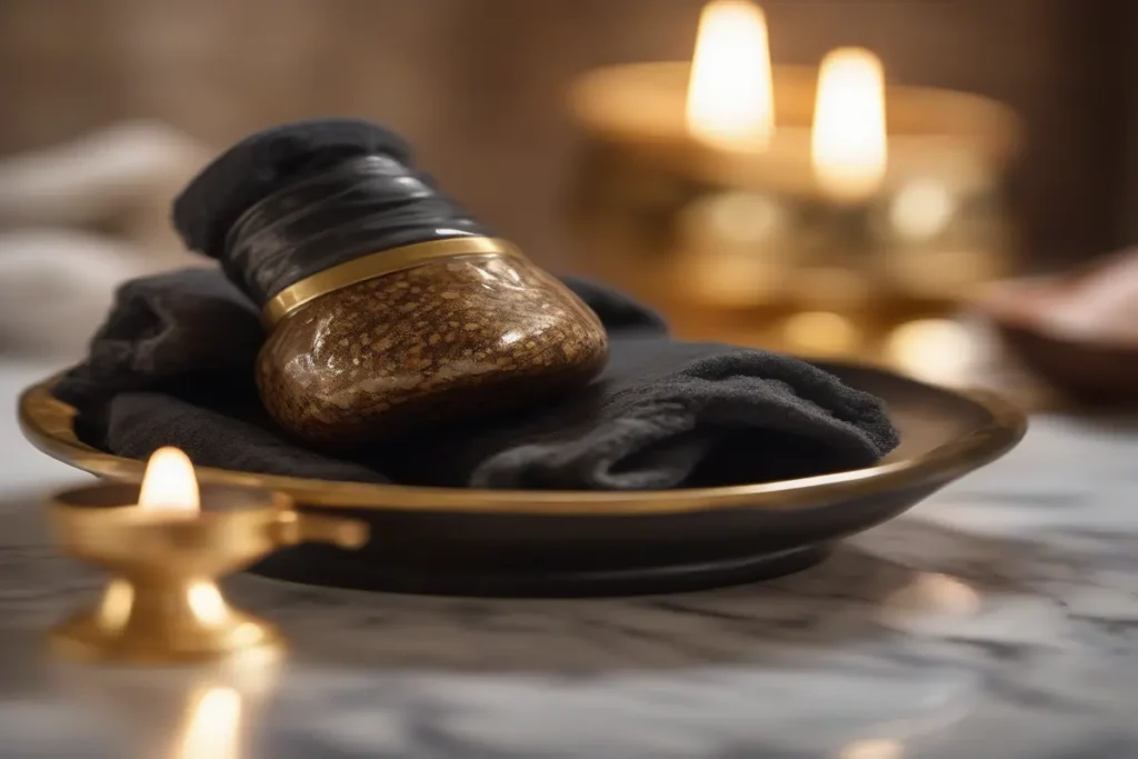 Gommage marocain traditionnel, savon noir et gant kess, lumière chaude, ambiance spa authentique, gros plan artistique, pas de visage, pas de mains, haute définition