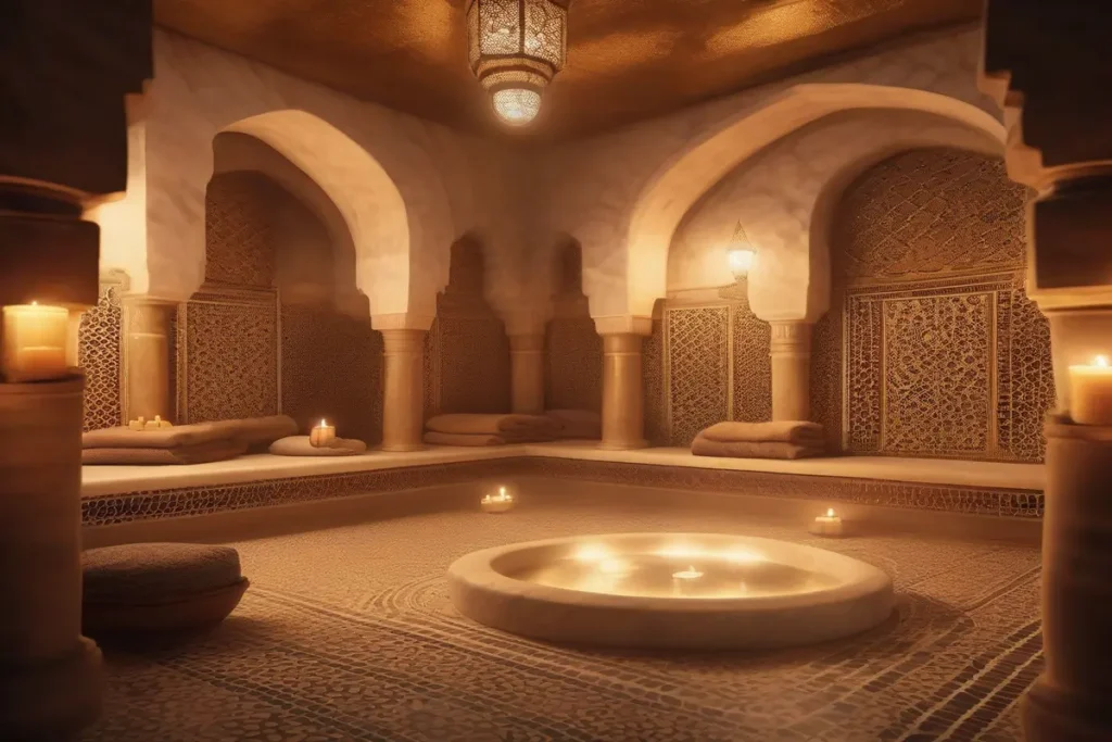 Hammam traditionnel marocain intérieur, vapeur douce dorée, murs en marbre, zellige décoratif, ambiance relaxante, pas de personnes, éclairage cinématique, haute définition