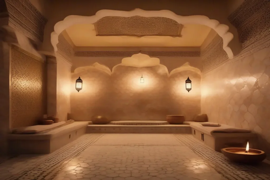 Hammam traditionnel marocain intérieur, vapeur douce dorée, murs en marbre, zellige décoratif, ambiance relaxante, pas de personnes, éclairage cinématique, haute définition