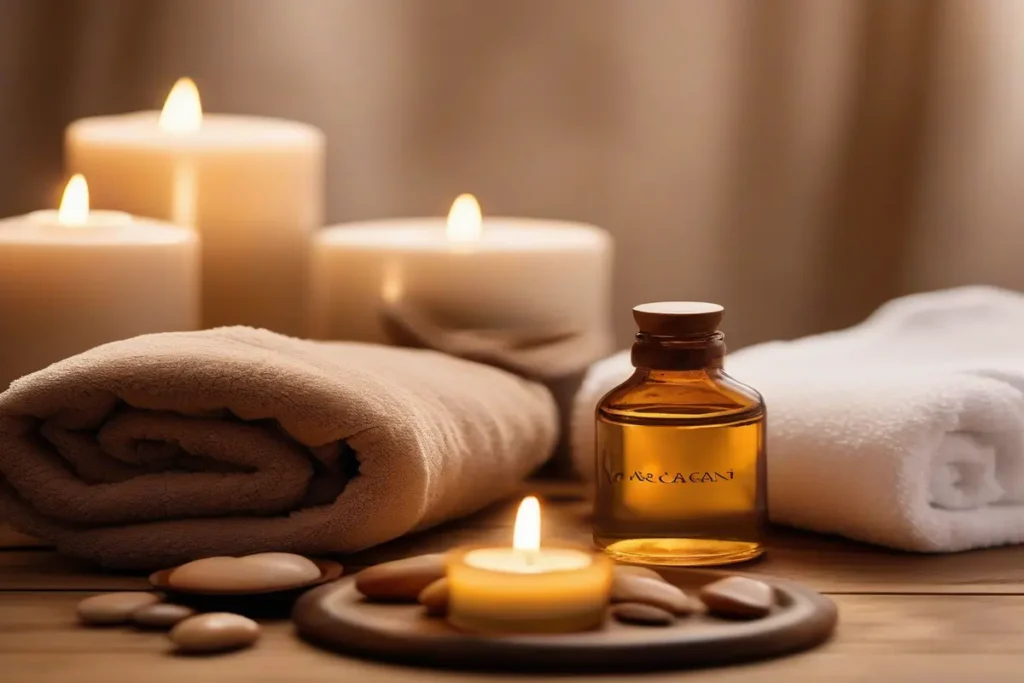 Massage à l'huile marocain, ambiance spa authentique, lumière chaude, pas de visage, pas de mains, photographie professionnelle, haute définition