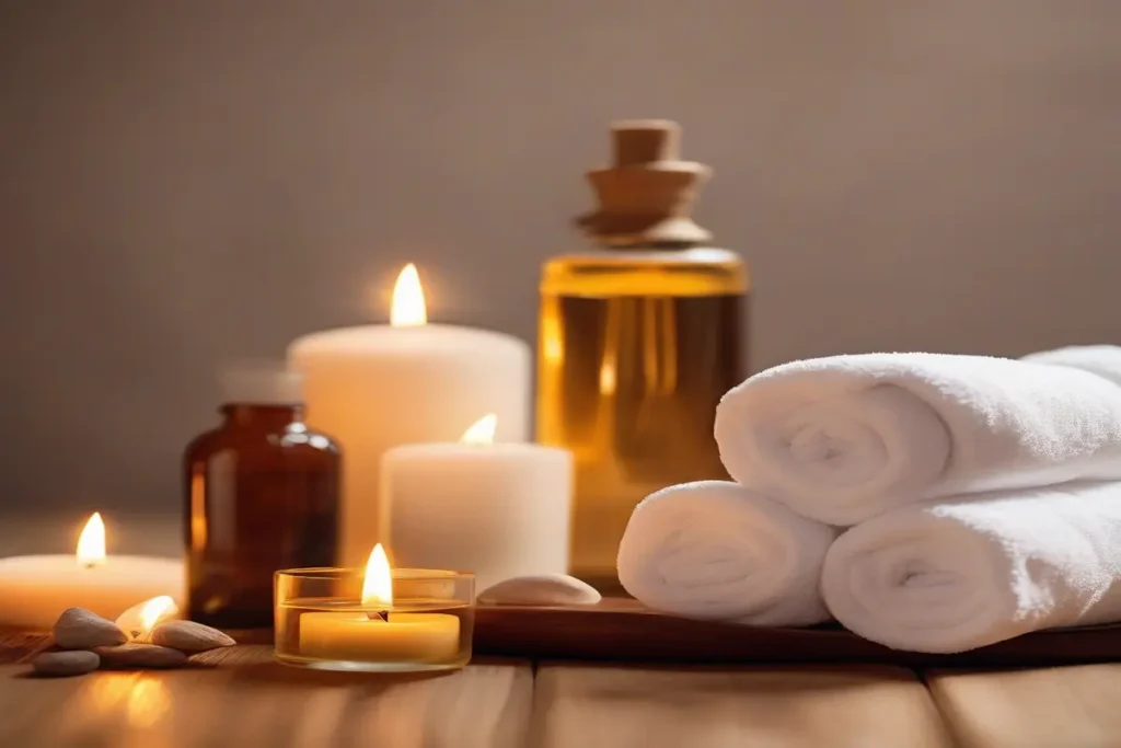 Massage à l'huile marocain, ambiance spa authentique, lumière chaude, pas de visage, pas de mains, photographie professionnelle, haute définition