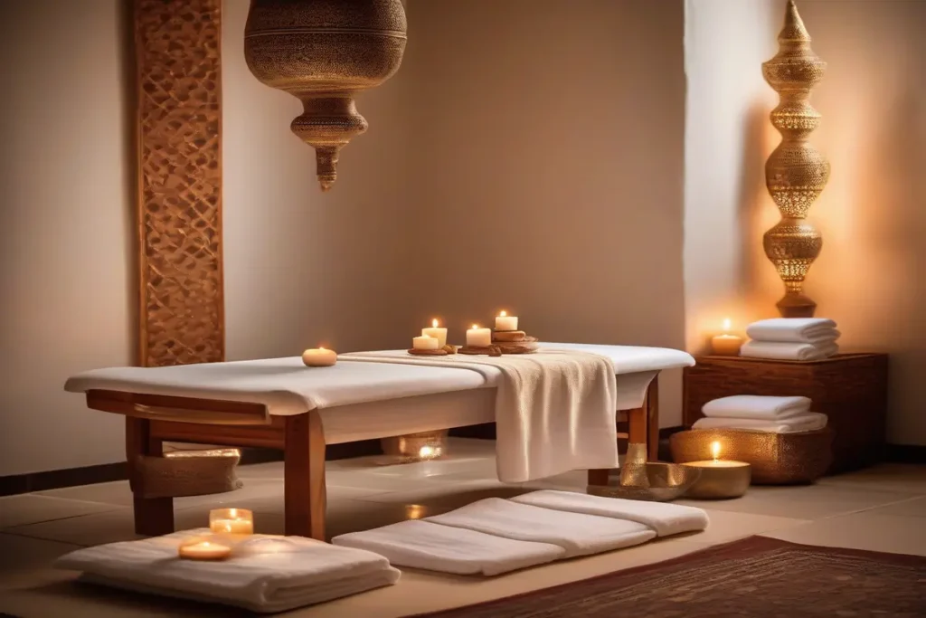Salle de massage spa marocain, table avec serviettes blanches, éclairage doux, bougies, ambiance zen, pas de personnes, photographie professionnelle, haute définition