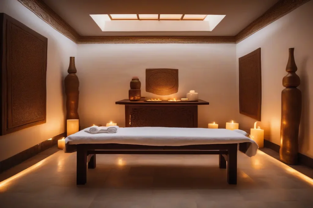 Salle de massage spa marocain, table avec serviettes blanches, éclairage doux, bougies, ambiance zen, pas de personnes, photographie professionnelle, haute définition