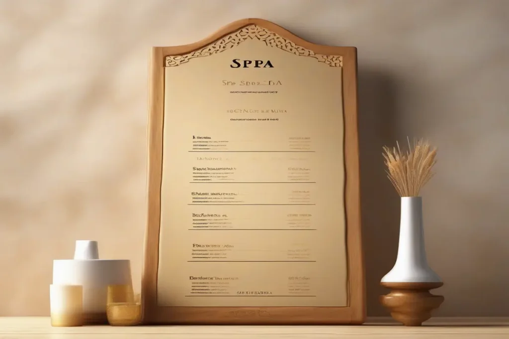 Tableau de prix spa marocain, ambiance élégante, lumière dorée, design minimaliste, pas de personnes, photographie professionnelle, haute définition