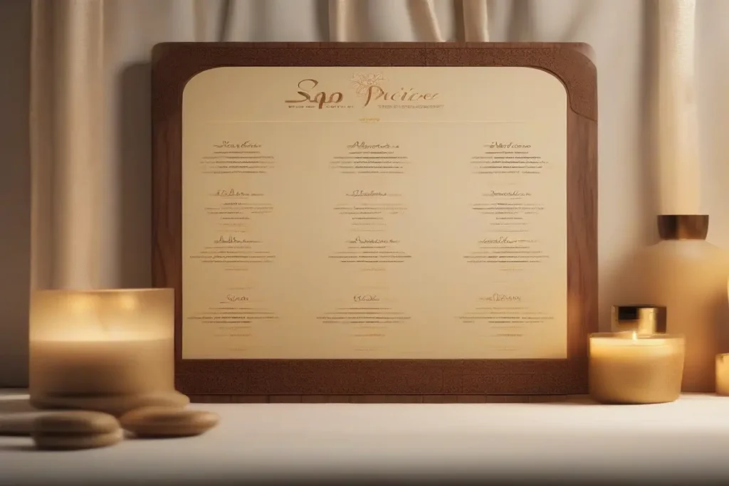 Tableau de prix spa marocain, ambiance élégante, lumière dorée, design minimaliste, pas de personnes, photographie professionnelle, haute définition