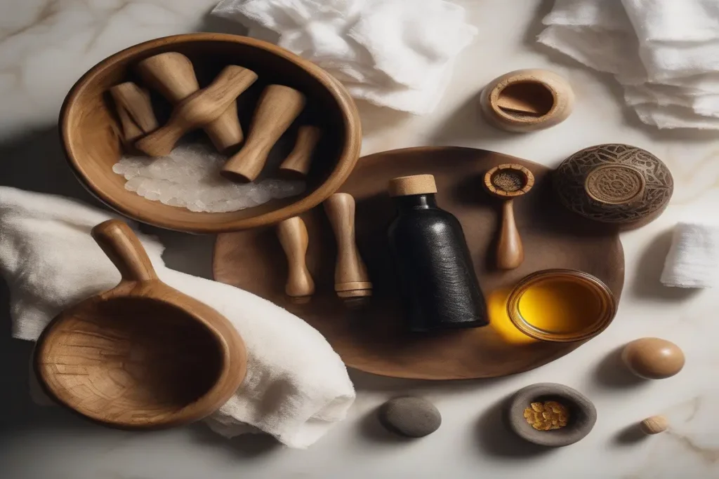 Savon noir, gant de gommage et huile d'argan pour hammam marocain