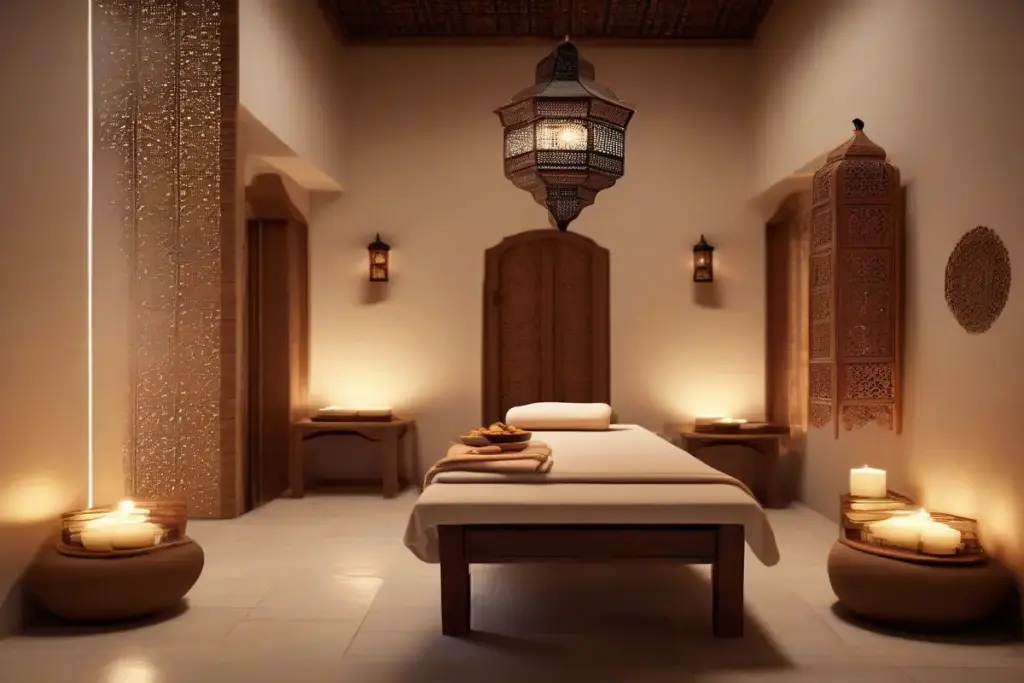 Spa treatment room with traditional Moroccan style, wooden furniture, soft lighting, massage bed, towels neatly folded, argan oil products, peaceful ambiance, professional spa interior, photorealistic 