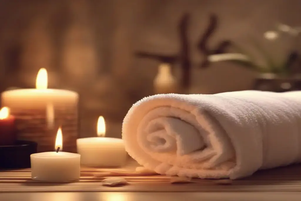 General relaxation scene: rolled towel, lit candles, aromatherapy diffuser, warm soft lighting, calm and soothing ambiance, realistic style, not identifying any specific spa.