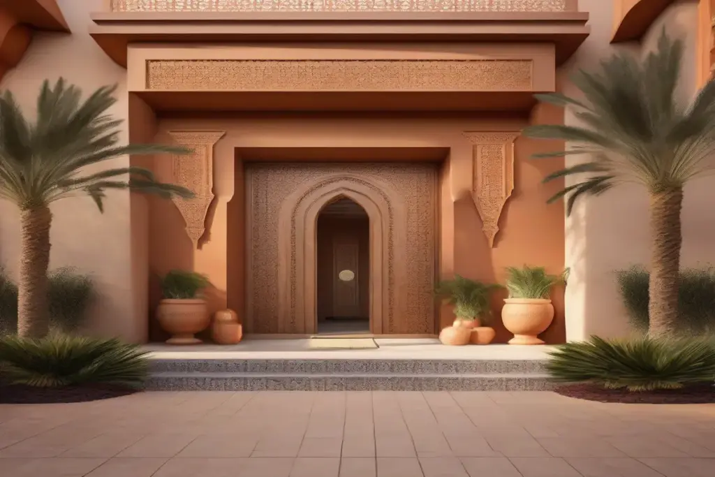 Entrée du Itrane Spa Agadir - architecture marocaine traditionnelle avec porte en bois sculpté