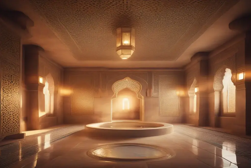 Traditional Moroccan hammam interior, soft steam atmosphere, warm golden lighting, marble walls, decorative Moroccan tiles, calm and relaxing spa environment, no people visible, cinematic photography, high detail, natural light, professional wide shot, realistic,
