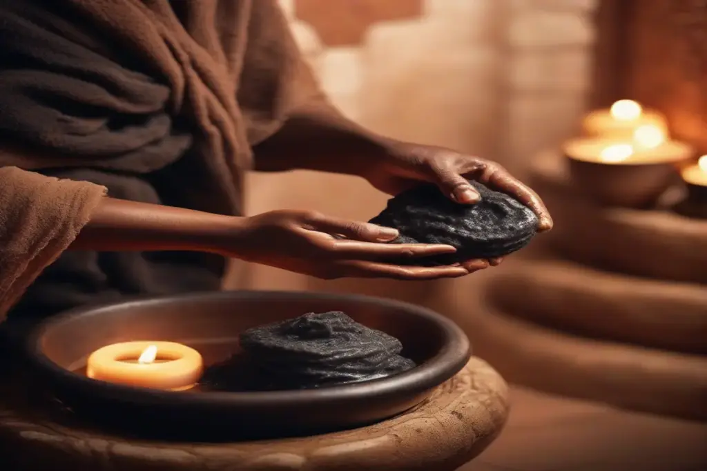 Moroccan hammam ritual close-up, traditional black soap and exfoliation glove (kess)