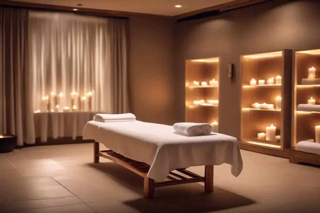 Relaxing spa massage room interior, massage table with white towels, warm ambient lighting