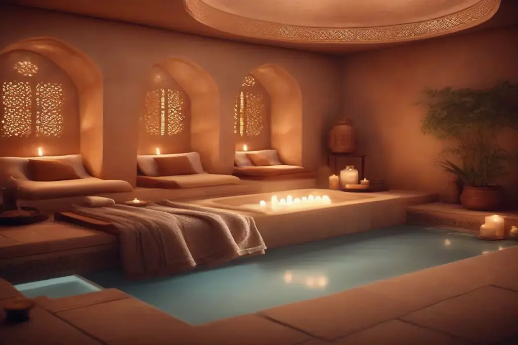 Create a wide, relaxing spa interior scene with soft lighting, Moroccan-style decor, warm colors, steam in the air, and subtle hints of hammam elements. Include towels, candles, and a serene atmosphere. Style: realistic, calming, professional. Focus on a welcoming environment rather than specific people.