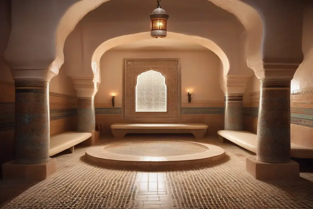 Traditional Moroccan hammam interior, steam room with marble benches, traditional architecture, warm ambient lighting, authentic tiles and decor, misty atmosphere, wellness center, realistic photography, cultural heritage --ar 16:9 --v 6