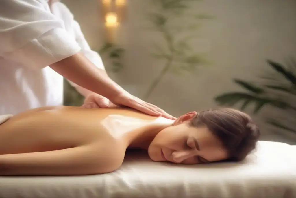 Close-up of a relaxing massage, expert hands gently applying pressure on a person's back, natural oil on the skin, serene atmosphere, soft lighting, realistic style, no recognizable faces or logos.