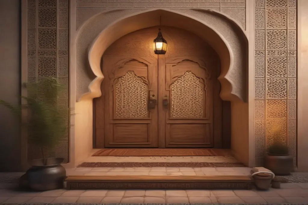 Entrée du Hammam Al Madina Agadir, architecture marocaine traditionnelle, porte en bois sculpté, ambiance accueillante, pas de personnes, photographie professionnelle, haute définition