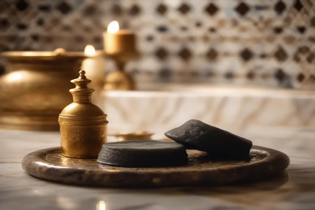 Gommage traditionnel marocain au Hammam Al Madina, savon noir et gant kess, lumière chaude, ambiance spa authentique, gros plan artistique, pas de visage, pas de mains, haute définition