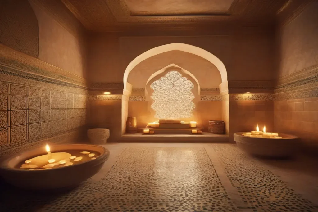 Intérieur du Hammam Al Madina, vapeur douce, carreaux marocains, ambiance relaxante, pas de personnes, photographie professionnelle, haute définition