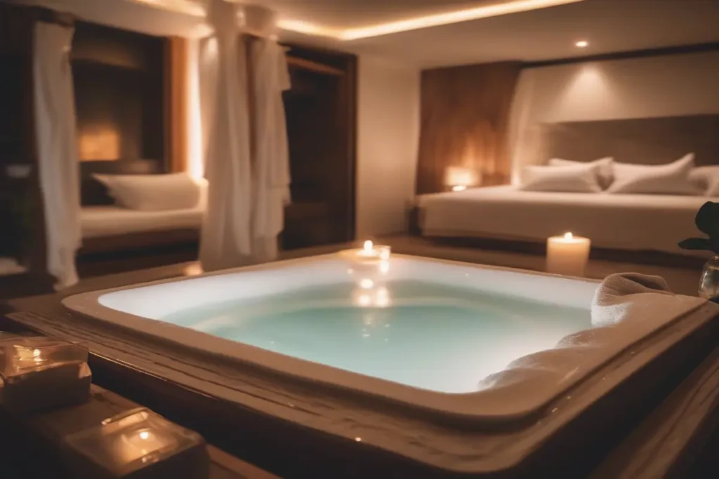 Jacuzzi privé au Hammam Al Madina, ambiance relaxante, lumière douce, pas de personnes, photographie professionnelle, haute définition