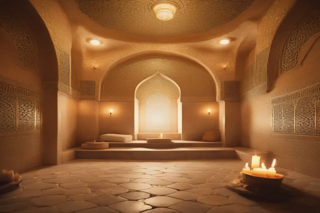 Intérieur du hammam traditionnel au Hammam Al Madina Agadir, vapeur douce, carreaux marocains zellige, lumière ambiante chaude, ambiance relaxante, pas de personnes, photographie professionnelle, haute définition
