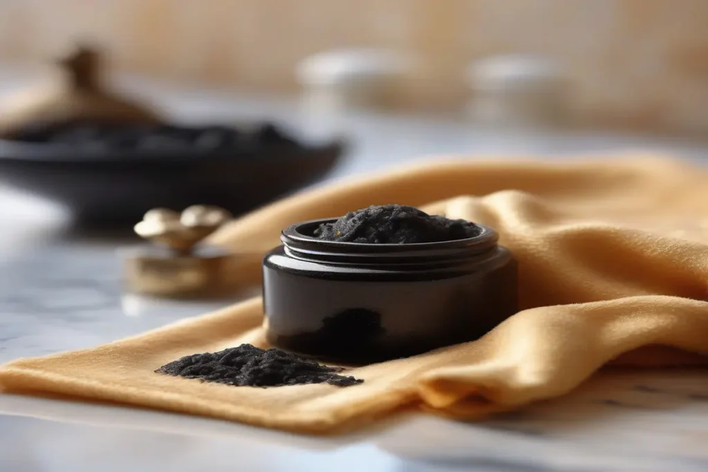 Gommage marocain traditionnel, savon noir et gant kess, lumière chaude, ambiance spa authentique, gros plan artistique, pas de visage, pas de mains, haute définition