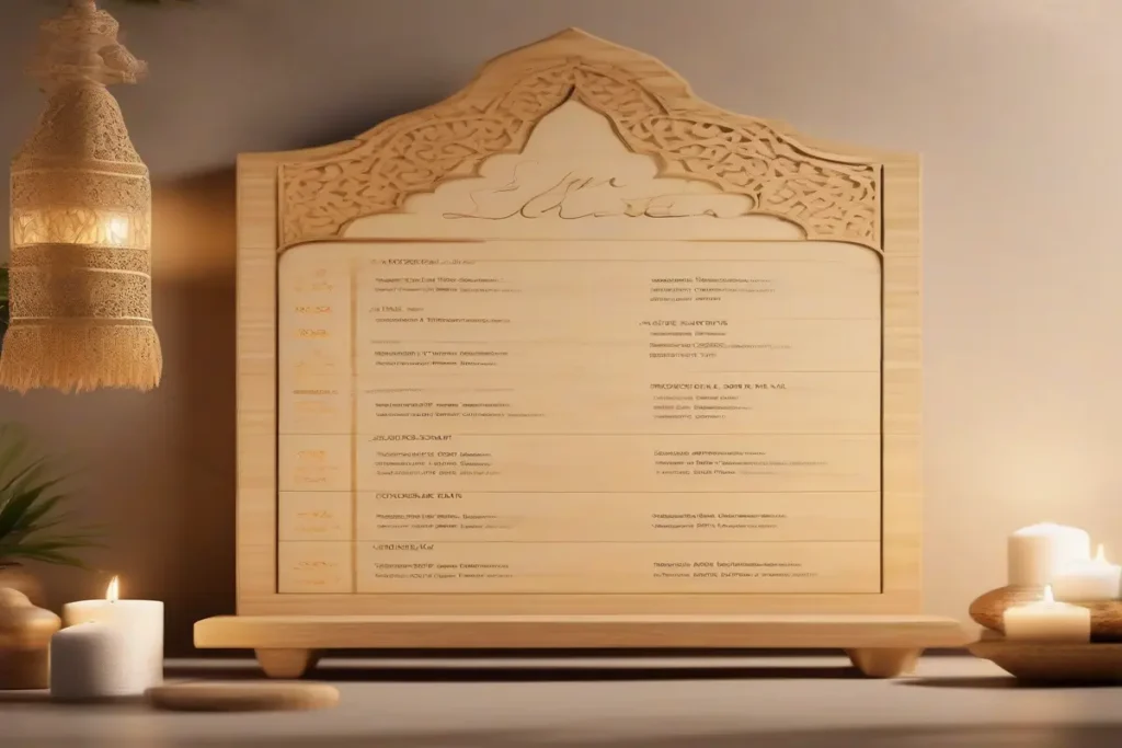 Tableau de prix spa marocain, ambiance élégante, lumière dorée, design minimaliste, pas de personnes, photographie professionnelle, haute définition