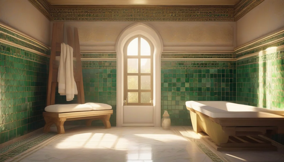 Hammam marocain traditionnel à Agadir, marbre et zelliges — image IA générée pour l'article